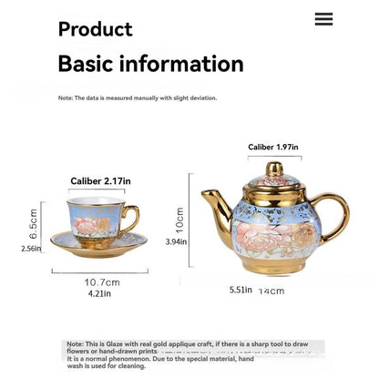 Luxury Ceramic Tea Cup and Saucer Set, 6 Pieces, Gold Plated with Floral Design, Gift Box (6 cups 1 pot, 2.2 * 2.56in) - color: 6 cups 1 pot 12 sets/case