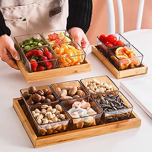 6 Compartment Glass Fruit Bowl with Wooden Tray Creative Snack Serving Tray Divided Serving Platter Reusable Ice Cream Cups Removable Salad Bowls for Snack Candy Nuts Desserts Transparent - color: Transparent, size: 6 Compartment
