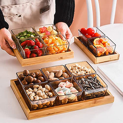 2 Compartment Glass Fruit Bowl with Wooden Tray Creative Snack Serving Tray Divided Serving Platter Reusable Ice Cream Cups Removable Salad Bowls for Snack Candy Nuts Desserts Amber - color: Amber, size: 2 Compartment