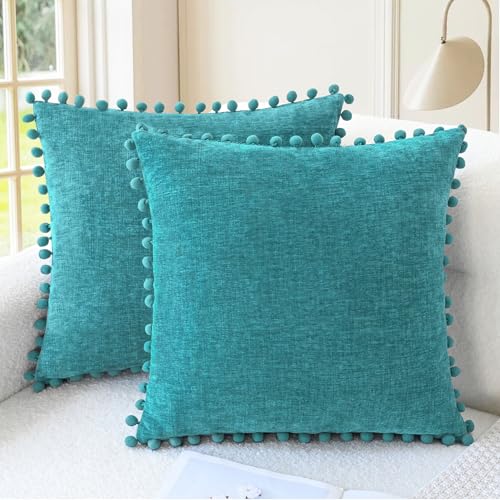 CaliTime Decorative Couch Throw Pillow Covers 16 X 16 Inches Lake Blue | Pack of 2, Cozy Chenille Cushion Cases, with Pom Poms for Sofa Bed Living Room Farmhouse Home - color: Lake Blue, size: 16" x 16" (Pack of 2)