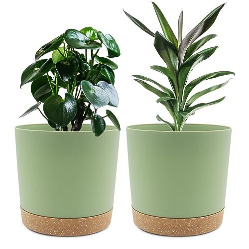 QCQHDU 8 inch Plant Pot, 2 Pack Planters for Indoor Plants with Drainage Holes & Saucer, Outdoor Flower Pots Home Garden Modern Decor - color: Green, size: 8 inch