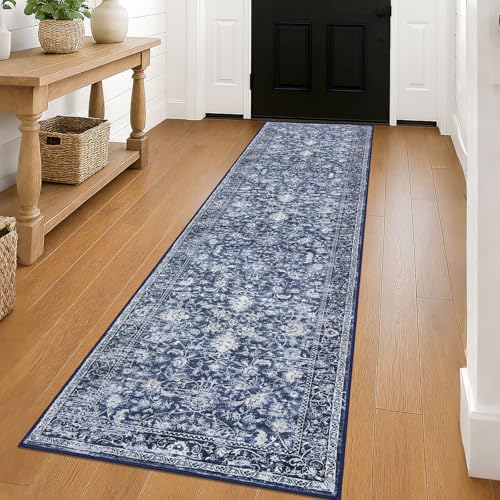 KILOCOCO 2x8 ft Runner for Hallway Washable Runner Non-Slip Rug, Blue | Printed Hallway Runners Rug, Non Skid Kitchen Runner Rug, Low Pile Entryway Runner, Floral Runners for Bedroom Living Room - color: Blue/Navy/White, size: 2' x 8' (Runner)