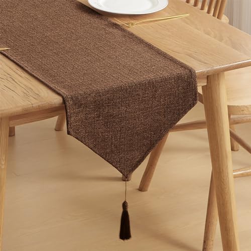 Faux Linen Brown Fall Table Runner with Tassels 14x95 Inch Dresser Scarf Rustic Indoor Outdoor Graduation Farmhouse Table Runners for Dining Table Banquet Party Home Bedroom Decoration - color: Faux Linen With Tassels- Brown, size: 95"x14"-1Pc