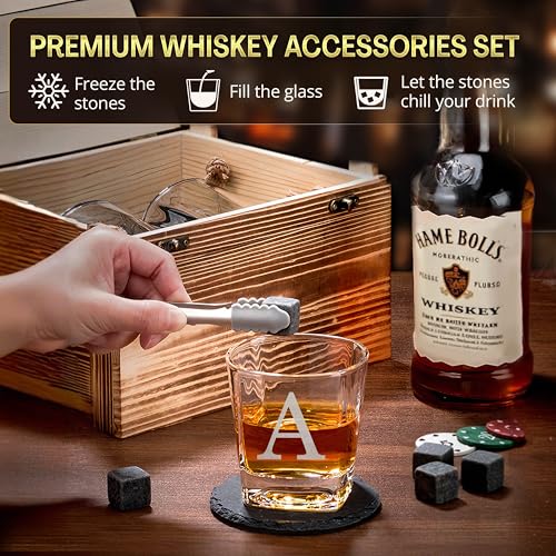 Custom Monogram Since Year Whiskey Glass Set, 2 Glasses, Wood Crate | Name Design, 6 Granite Stones, Tongs Included, 2 Slate Coasters, Rustic Wood Design, Scotch Bourbon Lover Gift
