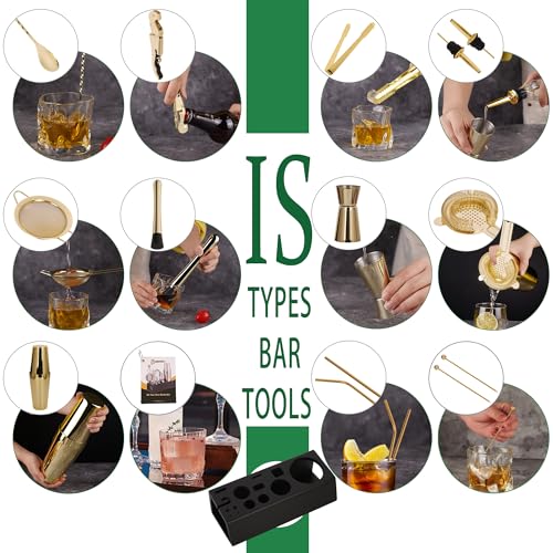 15-Piece Gold Cocktail Shaker Set Bartender Kit with Bamboo Stand | Stainless Steel Bar Set Accessories, Professional Bartending Kit Home Bar Tools Set with Recipes (Gold, Black Stand) - color: Gold, size: Black Stand