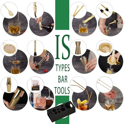 15-Piece Gold Cocktail Shaker Set Bartender Kit with Bamboo Stand | Stainless Steel Bar Set Accessories, Professional Bartending Kit Home Bar Tools Set with Recipes (Gold, Black Stand) - color: Gold, size: Black Stand