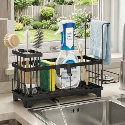 VOOWO Sponge Holder for Kitchen Sink, Compact Sink Caddy with Brush Holder | 304 Rustproof Stainless Steel Dish Soap Holder, Small Kitchen Sink Organizer, Self-Draining Dish Wand Holder with Towel Rack - color: Black