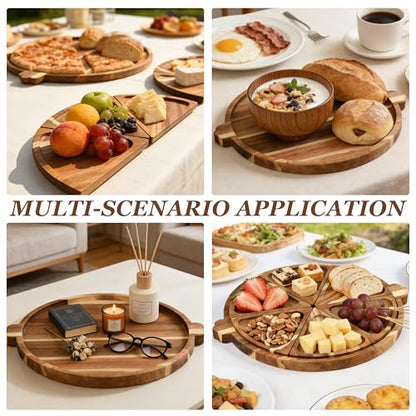 Acacia Wood Serving Tray with Handles, Round Charcuterie Boards with 6 Detachable Pizza Trays, Wooden Decorative Tray for Party, Coffee Table Tray for Home Decor, Bathroom, Kitchen Counter