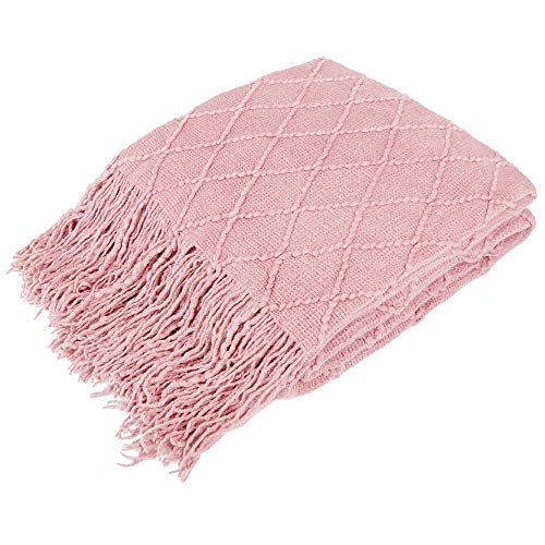 PAVILIA Light Pink Knit Throw Blanket, Soft Knitted Farmhouse, 60x80 | Twin Bed, Lightweight Decorative Summer Fall Throw, Outdoor Textured Boho Blanket, For Couch Sofa Chair Living Room Bedroom - color: Blossom Pink, size: 60 X 80 Inches - Twin