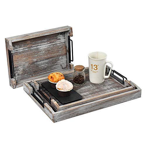 Country Rustic Torched Wood Nesting Breakfast Serving Trays with Handles, Set of 3 (Torched Wood) - color: Torched Wood