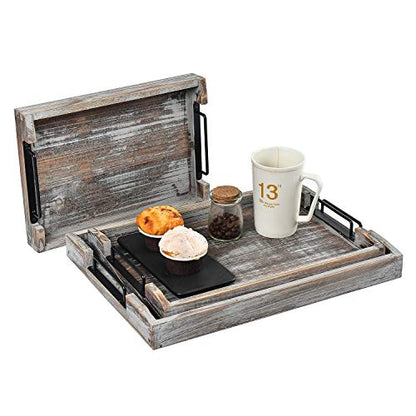 Country Rustic Torched Wood Nesting Breakfast Serving Trays with Handles, Set of 3 (Torched Wood) - color: Torched Wood