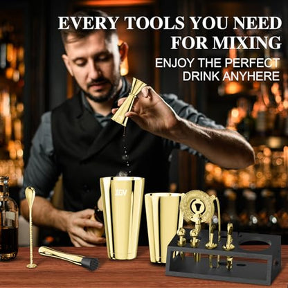 IOV Cocktail Shaker Set: 12-Piece Mixology Bartender Kit Bar Set | 16oz & 28oz Boston Shaker Drink Mixing Tools for Home with Recipe Booklet and Stand | Fun Housewarming Gift (Gold) - color: 12 Pcs - Gold