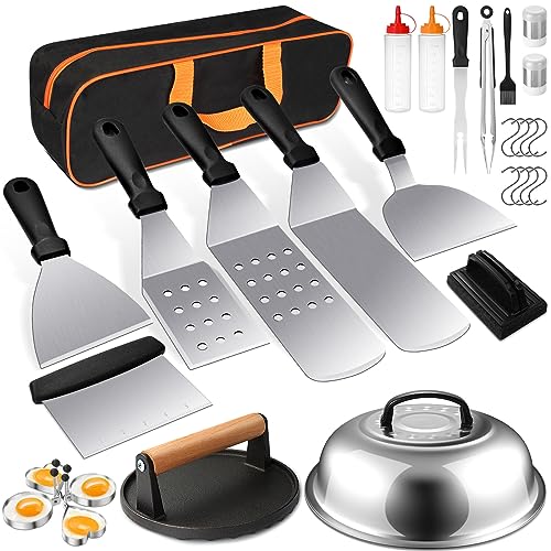 Griddle Accessories Kit, Terlulu 29 PCS Flat Top Grill Accessories for Blackstone and Camp Chef, Metal Spatula Set with Burger Press, Melting Dome, Scraper, Tongs, Carry Bag for Outdoor Grilling BBQ - style: with Round Burger Press