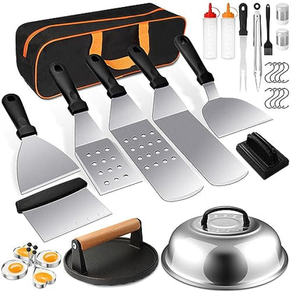 Griddle Accessories Kit, Terlulu 29 PCS Flat Top Grill Accessories for Blackstone and Camp Chef, Metal Spatula Set with Burger Press, Melting Dome, Scraper, Tongs, Carry Bag for Outdoor Grilling BBQ - style: with Round Burger Press