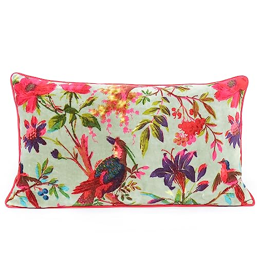 Colorful Velvet Floral Flower Bird Throw Sofa Cushion Couch Pillow Cover Case Boho Chic Decorative Bohemian Accent Indian Handmade (12 X 20 in. (30 X 50 cm), Green) - color: Green, size: 20" x 12" (Pack of 1)
