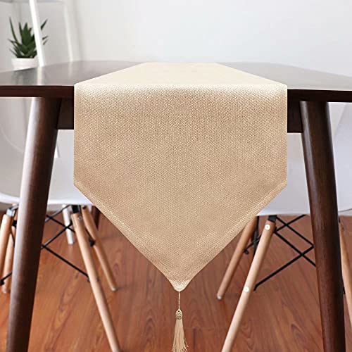 Faux Linen Sparkly Beige Spring Table Runner with Tassels 14x71 Inch Dresser Scarf Graduation 4th of July Table Runner for Home Bedroom Party Birthday Wedding Bridal Baby Shower - color: Brilliant Faux Linen With Tassels- Pinky Beige, size: 71"x14"-1Pc
