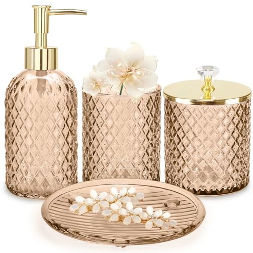 Haturi Glass Bathroom Accessories Set, Amber Brown Bathroom Set, 4 Pcs | Kit w/ Bathroom Soap Dispenser Set, Toothbrush Holder, Qtip Holder, Soap Dish, Brown Bathroom Decor, Gift for Home Apartment - style: Amber Brown