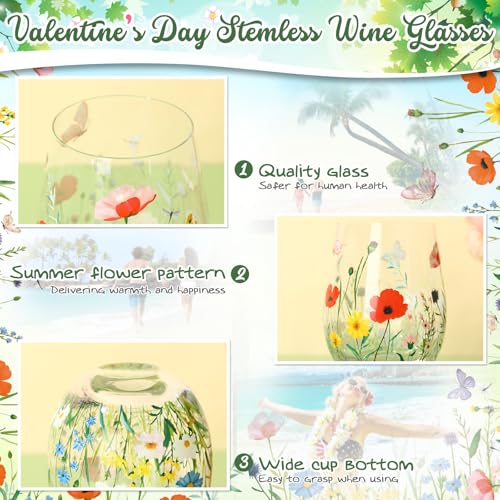 Sliner 2 Pack 17oz Wildflower Stemless Wine Glasses Floral Butterfly Drinking Glasses Spring Flowers Tumbler Cups for Graduation Wedding Mother's Day Birthday Drinking Party Favors - style: Wildflower