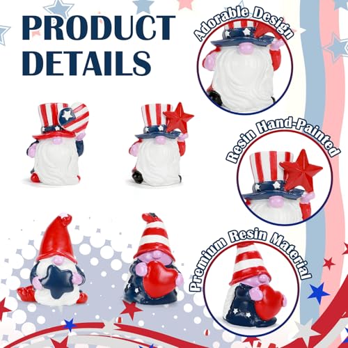4th of July Decorations Patriotic Gnome Figurines, 4 Pcs Small Resin Gnome Statues, Red White and Blue Memorial Day Decor for Home Outdoor Garden Tiered Tray Shelf Mantel Tabletop Centerpieces