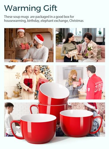Teocera Red Mugs Set of 4, 24oz Jumbo Mugs, Large Coffee Mugs for Coffee, Hot Cocoa, Tea - Striped Design - Microwave Safe, Christmas Gift - color: Red