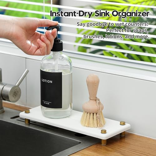 Water Absorbing Stone Sink Caddy Kitchen Sink Organizer Tray, Diatomite Bathroom Counter Tray, Gold Faucet Drying Mat Coaster Soap Dish Rack Riser Dispenser Sponge Holder, White 10" x 4" - color: 10"x 4" - White - Gold