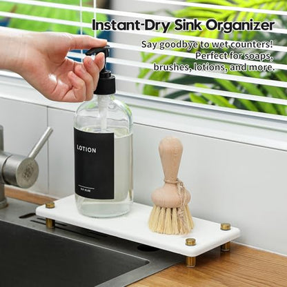 Water Absorbing Stone Sink Caddy Kitchen Sink Organizer Tray, Diatomite Bathroom Counter Tray, Gold Faucet Drying Mat Coaster Soap Dish Rack Riser Dispenser Sponge Holder, White 10" x 4" - color: 10"x 4" - White - Gold