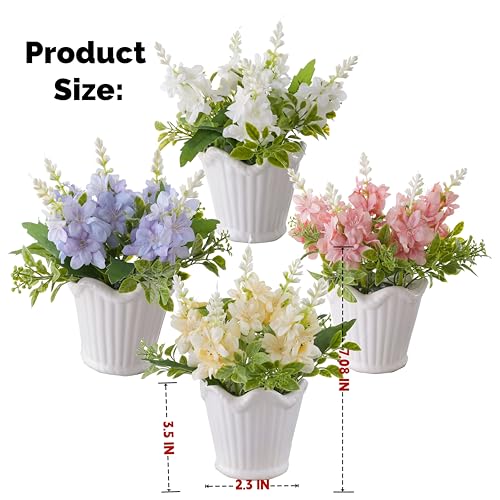 4PCS Artificial Spring Flowers with Ceramic Pot, Spanish Dagger Plants | Centerpiece Table Decorations – Faux Flowers in Ceramic Vase for Dining Table, Coffee Table, Home, Office & Spring Decor