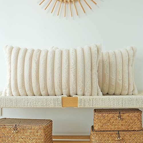 JOJUSIS Pack of 2 Faux Fur Plush Decorative Throw Pillow Covers Couch Cushion Case Soft Pillowcases (Beige, 12 x 20-Inch) | Pack of 2, Couch Cushion Case, Soft Pillowcases, Decorative - color: Beige, size: 20" x 12" (Pack of 2)