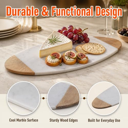 Creative Home Luxury Taj Mahal Natural Marble & Solid Wood Trim Cheese Board, Handcrafted Serving Platter with Cool Surface for Charcuterie, Pastries - KITCHEN ESSENTIAL Gift