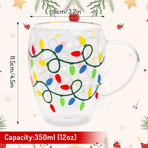 JarThenaAMCS Christmas Double Wall Glass Coffee Mugs 12Oz Colorful Xmas Light Bulb Insulated Glasses Clear Espresso Cups with Handle for Winter Holiday Supplies, Set of 2 - style: Colorful Xmas Light Bulb