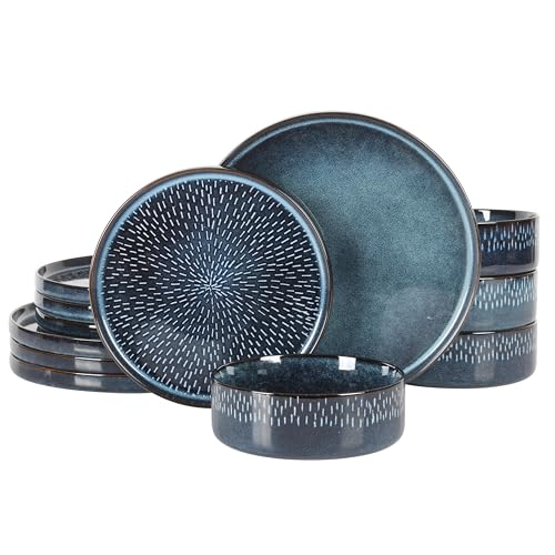 Gibson Elite 12 Piece Matisse Moderna Stoneware Reactive Glaze Plates and Bowls Dishes Dinnerware Set - Cobalt Blue - color: Cobalt Blue (Moderna), size: Service for 4 (12pcs)