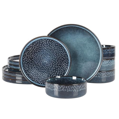 Gibson Elite 12 Piece Matisse Moderna Stoneware Reactive Glaze Plates and Bowls Dishes Dinnerware Set - Cobalt Blue - color: Cobalt Blue (Moderna), size: Service for 4 (12pcs)