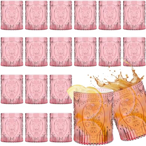Qinyoung 24 Pack Vintage Plastic Wine Glasses 8.5oz,Pink | Stemless Embossed Design, Shatterproof Reusable Drinking Cups for Baby Shower Wedding Party Events, Vintage Drinkware - color: Pink
