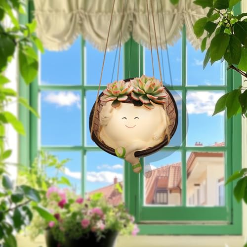 Swing Chair Planter Pot, Hanging Smiley Face Flower Pots, Funny Cute Head Succulent Planter for String of Pearls Indoor & Outdoor Plants