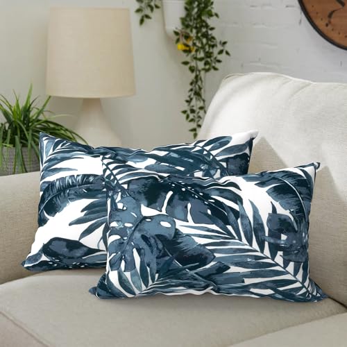 DYTXIII Pack of 2 Waterproof Outdoor Lumbar Pillow with Inserts, 12x20 in Rectangle Decorative Patio Throw Pillow for Home, Sofa,Bench and Patio Furniture, Palm Blue - color: Palm Blue, size: 12x20 Inch (With Inserts)