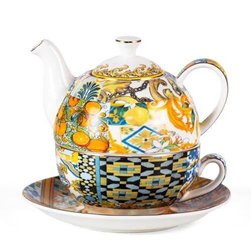 KAMMAK Tea for One Set, Ceramic Teapot, Bone China Tea Set, Cup and Saucer | Porcelain, Golden Trim, Stackable Tea Pot Set with Infuser for Coffee and Cappuccino, Ideal for Afternoon Tea and Gifts, YX16 - color: Yellow-XY16