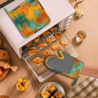 Blue Gold Marble Oven Mitt and Pot Holder with Silicone Heat Resistant Kitchen for Cooking BBQ Baking Grilling Cooking Protection - color: Blue Gold Marble
