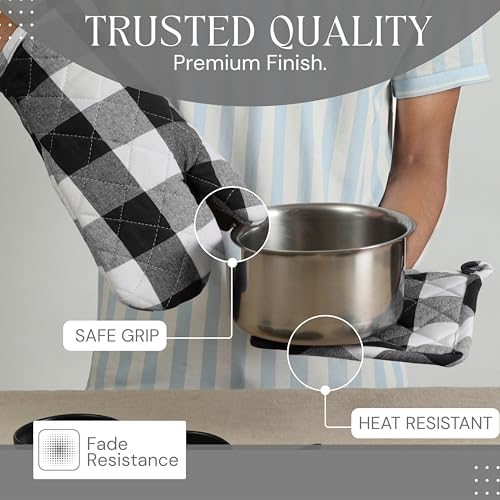 Oven Mitt & Pot Holder Buffalo Plaid Check 100% Cotton Heat Resistant Oven Gloves (7"x13") & Hot Pads (8"x8") Combo for Baking, Cooking - Black - color: Black, Buffalo Plaid
