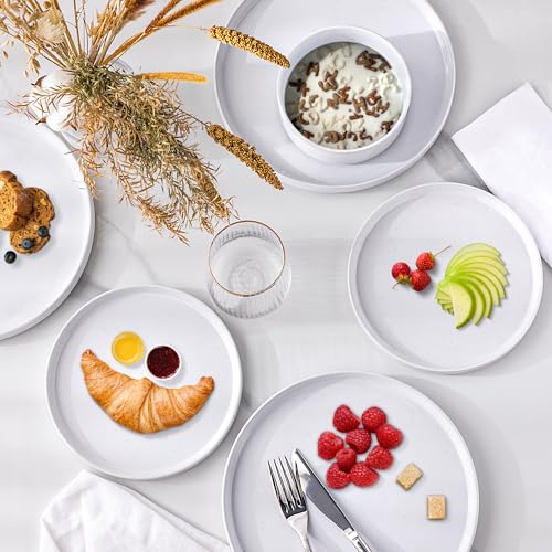 GBHOME Stoneware Dinnerware Sets for 4, 12 Pieces Plates and Bowls Set | Lightweight Ceramic Ribbed Dishes,Reactive Glaze Stackable Plate Set,Scratch Resistant,Microwave Dishwasher Safe, Light - color: Light White