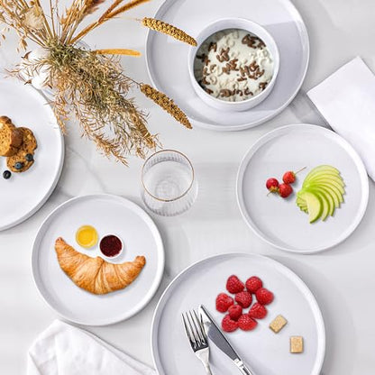 GBHOME Stoneware Dinnerware Sets for 4, 12 Pieces Plates and Bowls Set | Lightweight Ceramic Ribbed Dishes,Reactive Glaze Stackable Plate Set,Scratch Resistant,Microwave Dishwasher Safe, Light - color: Light White