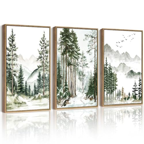 Drsoum Green Tree Forest Framed Wall Art Watercolor Nature Mountain Landscape Prints Morden Wilderness Artwork Bedroom Ready to Hang 11x14in Natural Framed - color: Pine Tree, size: 14L" x 11W", Natural Framed