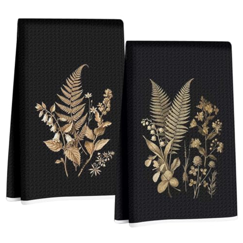 2 Pcs Vintage Botanical Kitchen Towels, Rustic Floral Reusable Dish Towels | Boho Waffle Weave Hand Cloth Tea Towel for Kitchen Bathroom Decor, Flower Gifts for Women Girls Friend 24x14 Inch - color: Multi 1723