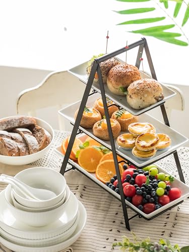 YHOSSEUN 3 Tier Serving Tray Tiered Tray Stand, 10+12+14 Inch, Black | Ceramic Serving Platters and Trays with Metal Rack, Large Serving Trays for Party 3 Tier Serving Stand Dessert Display Set - color: E-black Stand, size: 10+12+14 Inches