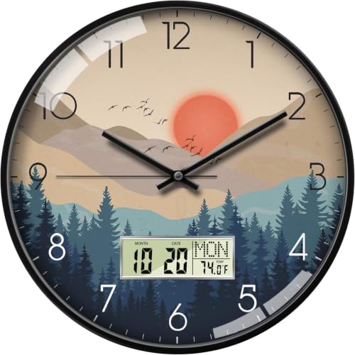 14" Wilderness Sunset Wall Clock, Analog Clock with Digital Display | Silent Non-Ticking, Battery Operated, Shows Date Day & Temperature, Decorative for Living Room, Bedroom, Kitchen, Office - color: Beige, size: 14inch