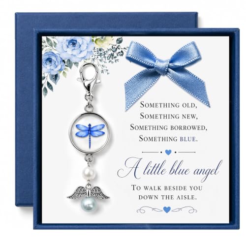 OFlyDesigns Wedding Memorial Gift for Bride,Something Blue Gift with Blue Dragonfly,Forget me not and Cardinal for Bridal Bouquet, Remembering Mom or Dad, Guardian Angel Wedding Keepsake - color: Dragonfly