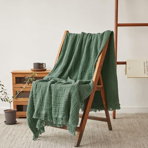 Simple&Opulence Cotton Muslin Throw Blanket for Bed, Couch, Knit Woven Gauze Blanket with Tassels, Soft Lightweight Cozy Pre-Washed Breathable Farmhouse Decoration for All-Season (Olive Green) - color: Olive Green