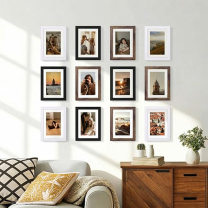 Vittanly 5x7 Picture Frames Set of 12, Wall & Tabletop, Black&Brown&White | Display Pictures 4x6 with Mat or 5x7 without Mat, Small Photo Frames, Engineered Wood with Shatter Resistant Plexiglass - color: Black&Brown&White, size: 5x7