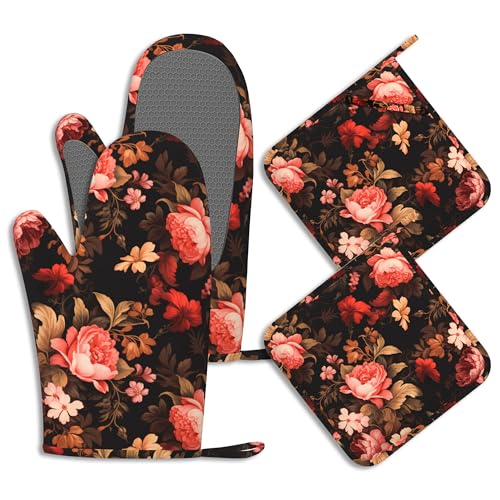 Red Rose Flowers Potholders & Oven Mitts Sets Vintage Floral Silicone Heat Resistant Oven Mits and Hot Pads Non-Slip Pot Holders Gloves for Kitchen Chef Cooking Baking Grilling BBQ - color: Red Rose Flowers,vintage Floral