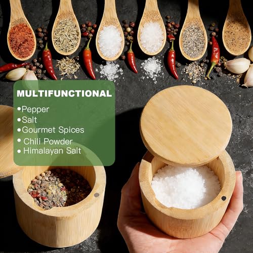 Ninsula Bamboo Salt Cellar, 360° Magnetic Swivel Lid Salt Container with Built-in Spoon for Storing Table Salt, Pepper, Sugar, Sea Salt, Spices, and Herbs