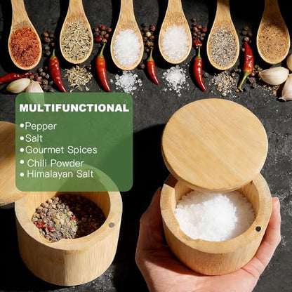 Ninsula Bamboo Salt Cellar, 360° Magnetic Swivel Lid Salt Container with Built-in Spoon for Storing Table Salt, Pepper, Sugar, Sea Salt, Spices, and Herbs